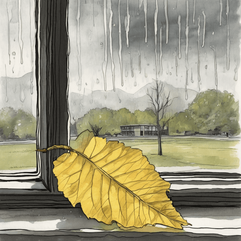 Rain-streaked library glass holds a cottonwood leaf.